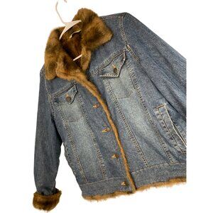 Vintage 90s St. Johns Bay Denim Trucker Jacket Faux Fur Lining M RD10709 Like Ne